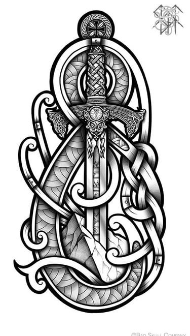 a tattoo style of a sword with a dagger and Celtic knotr