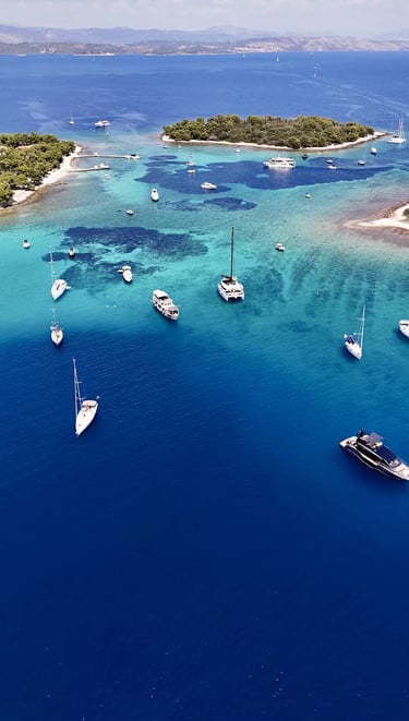 Aerial panoramic view of Blue Lagoon at Drvenik Veliki Island, seen on a private boat tour from Split, Croatia.