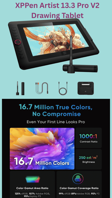 XPPen Artist 13.3 Pro V2 drawing tablet with stylus and color gamut technical specifications.
