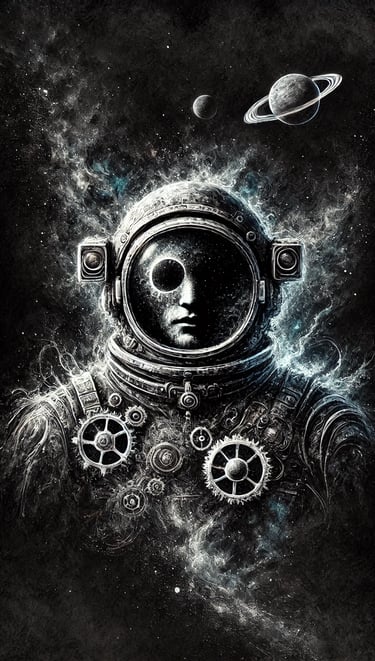 A cool, dark portrait of a futuristic astronaut.