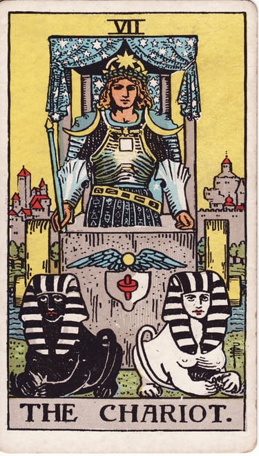The Chariot tarot card meaning – willpower, victory, and forward movement.