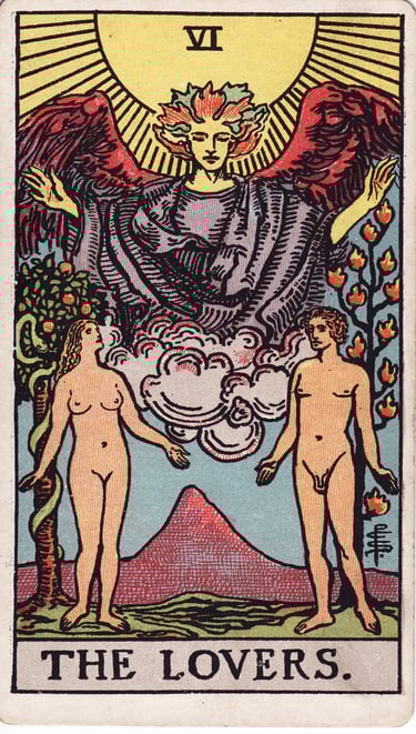 The Lovers tarot card meaning – love, choices, and alignment of values.