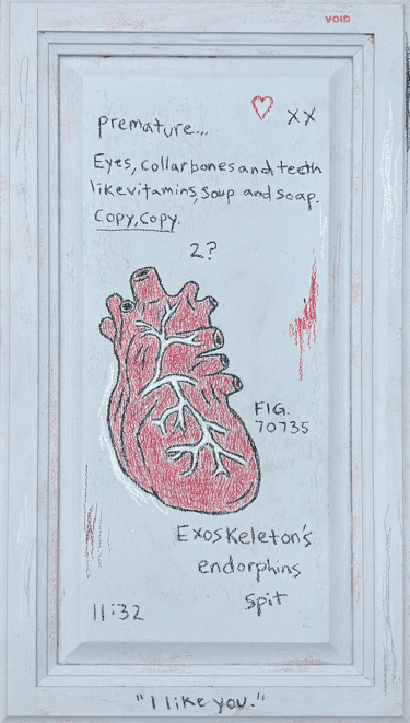rough anatomical painting on a cabinet door of the human heart vulnerable text and computer code