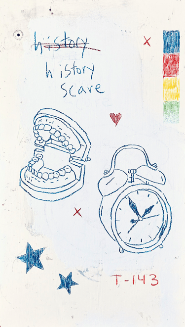 Rough painting on a cabinet door of a clock teeth computer code stars and the phrase "history scare"