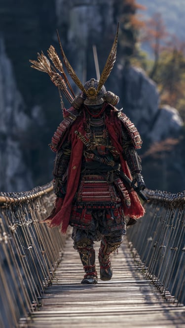 Samurai che cammina su un ponte, in equilibrio.
