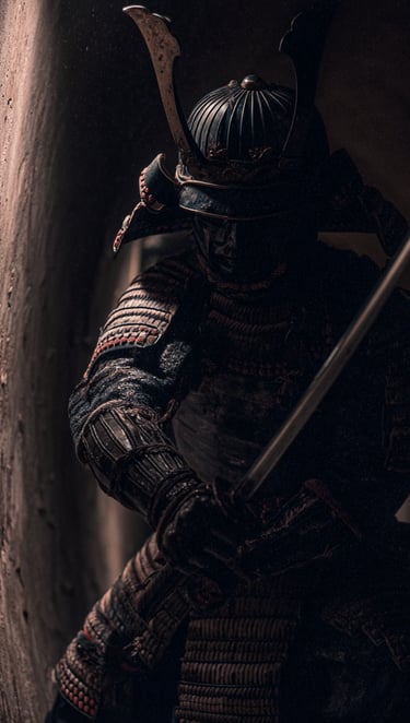 Samurai con un'armatura scura in uno spazio stretto.