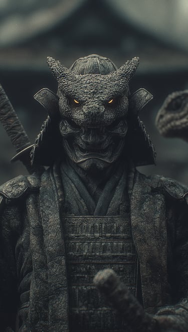 Samurai dall'armatura squamosa, realistico, ricorda un serpente.