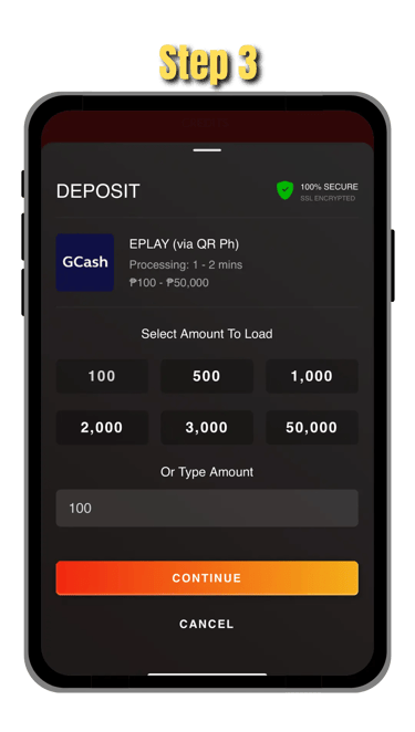 step 3 of depositing funds in go perya on mobile screen