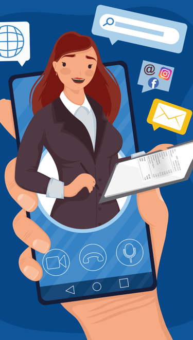 Secrétaire sortant d'un téléphone portable, une facture à la main