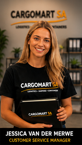 Cargomart SA customer service manager Jessica van der Merwe smiling in a logistics office setting.