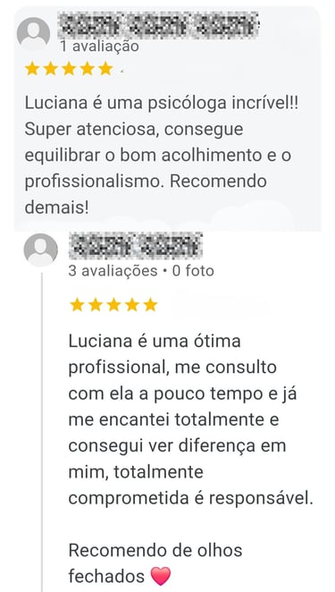 Depoimento dos pacientes falando bem da psicóloga Luciana Boechat Bohn
