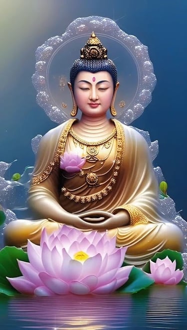 a buddha statue sitting on a lotus flower