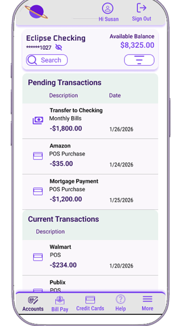 Orbit Financial Mobile App Transactions page