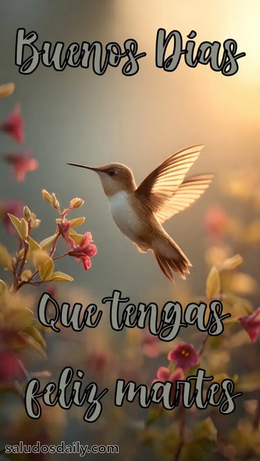 Colibrí flotando casi inmóvil entre flores al amanecer, con luz suave de la mañana y una sensación l