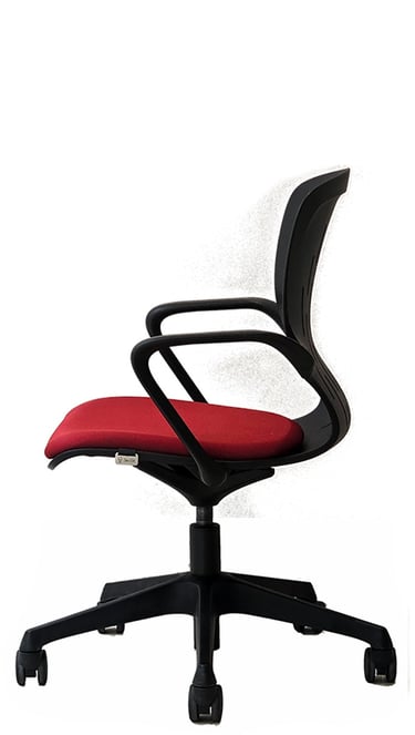 Conference swivel chair, uphlstered seat, flexible plastic back.