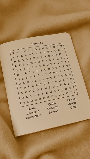 Debas Direct puzzle books and word search pages on beige background.
