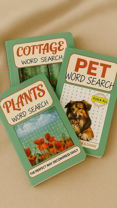 Word search puzzle books from Debas Direct Ltd — Plants and Pets themes shown together.