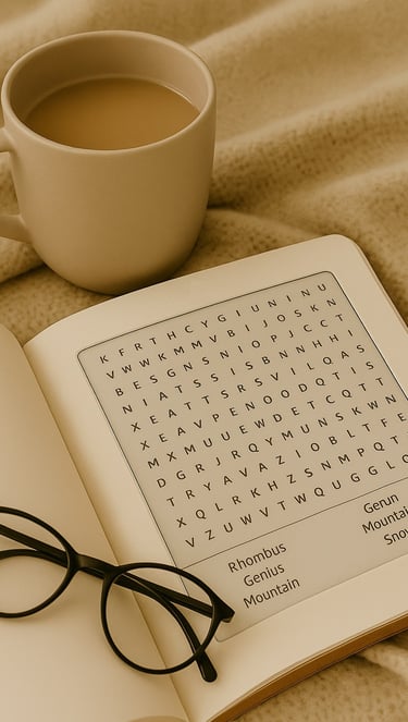 Debas Direct puzzle books and word search pages on beige background.