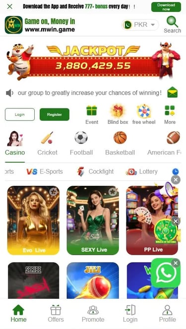 Mwin Game APP - Home Screen showing all categories and games.