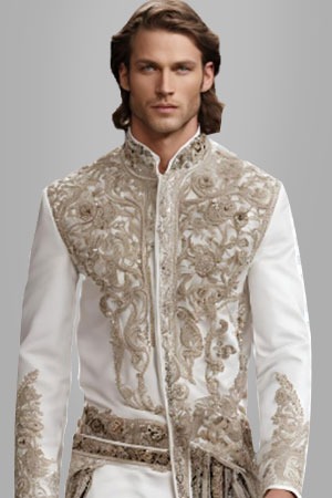 a man in a white jacket is made by embroidered, sequined, and beaded lace fabric
