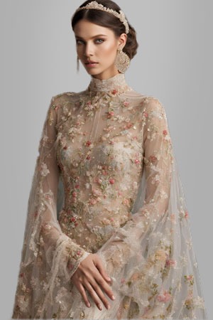 a woman in a dress made by Embroidered and Beaded Lace Fabrics