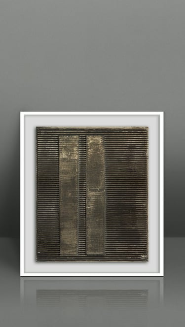 Modern framed abstract wall art featuring textured gold and black metallic lines in a white frame.