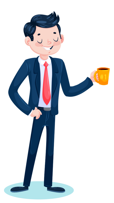 a man in a suit and tie holding a cup of coffee