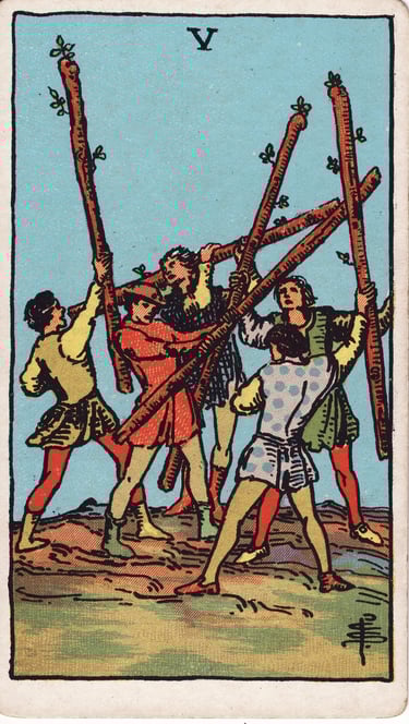 Five of Wands Tarot Card Meaning – Conflict and competition tarot card image symbolizing struggle an