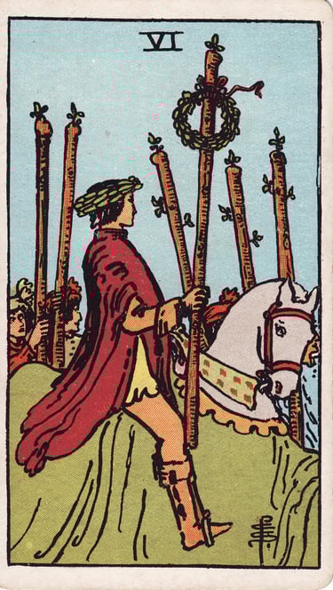 Six of Wands Tarot Card Meaning – Tarot card depicting public success, recognition, and victorious e