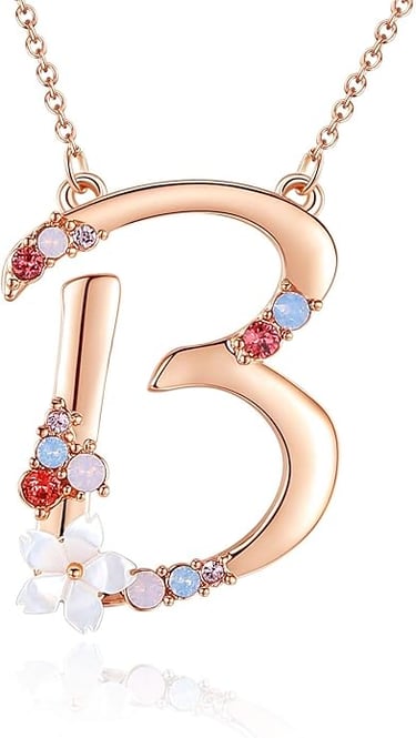 Personalized Flower Initial Letter Necklace. Simulated Pearl Pendant. Jewelry Made with Austrian Crystals, Rose Gold Plated