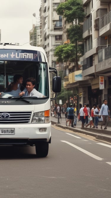 A tour bus promoting local attractions is driving along a street. The bus is mainly white, green, and orange with advertisements for local tours and a call to advertise on the vehicle. Inside, passengers can be seen seated, enjoying the ride. In the background, there are trees and a brick building with tall windows, giving a sense of an urban or historical area.