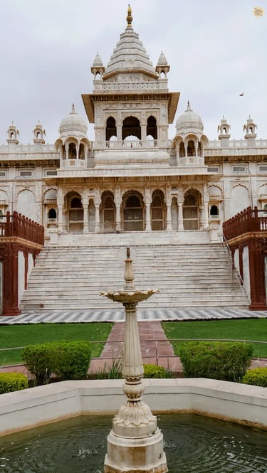 Majestic view of Jaswant Thada Jodhpur, a white marble cenotaph in desert landscape of Rajasthan
