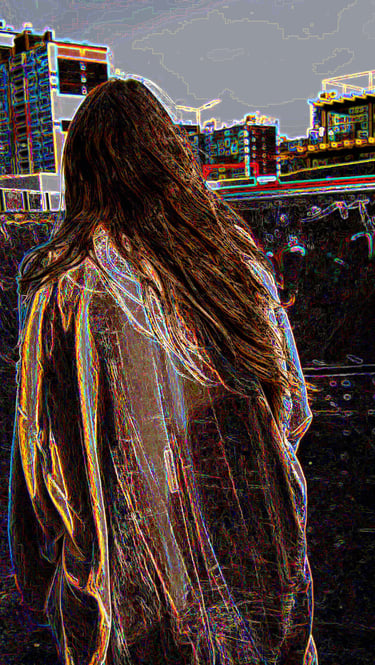 Look vidéo et photo personnalisé nano world : personnage de dos, mode de fusion.