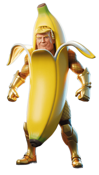 a man in a golden helmet and a banana peeler