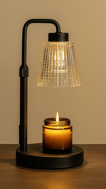 Black lamp with candle warmer and glass shade on a wood table