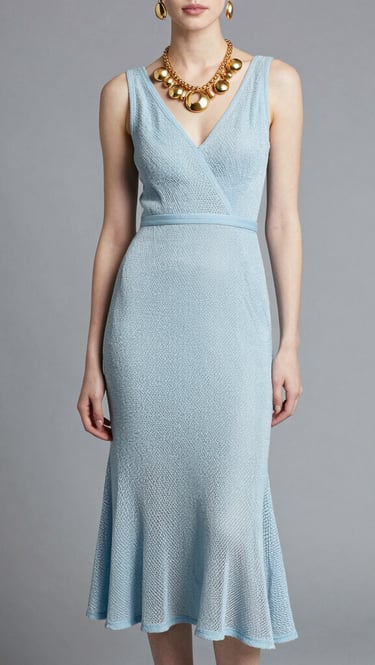 woman in blue dress standing
