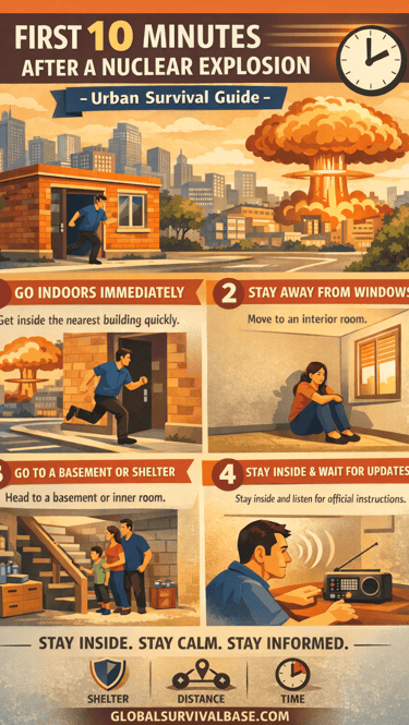 post nuclear explosion survival infographic showing steps to stay safe reduce exposure and survive after a nuclear blast