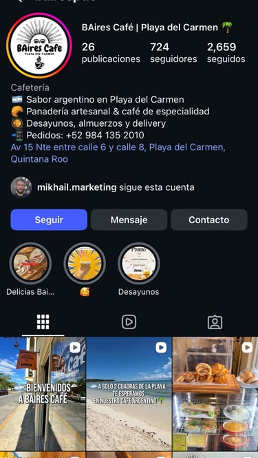 Perfil de Instagram de BAires Café, una panadería y cafetería de especialidad argentina en Playa del
