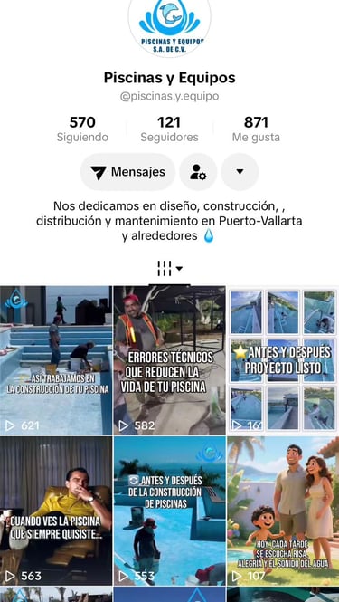 Perfil de redes sociales de Piscinas y Equipos, empresa de construcción y mantenimiento de piscinas