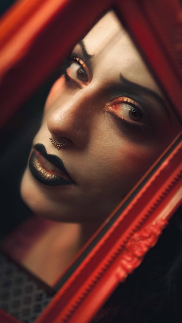a cabaret performer with black makeup and a black lip LOOKING IN A RED MIROr
