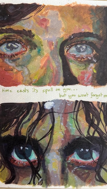 A gouache on paper painting of Takara's titled "Soulmate" that features the eyes of two people.