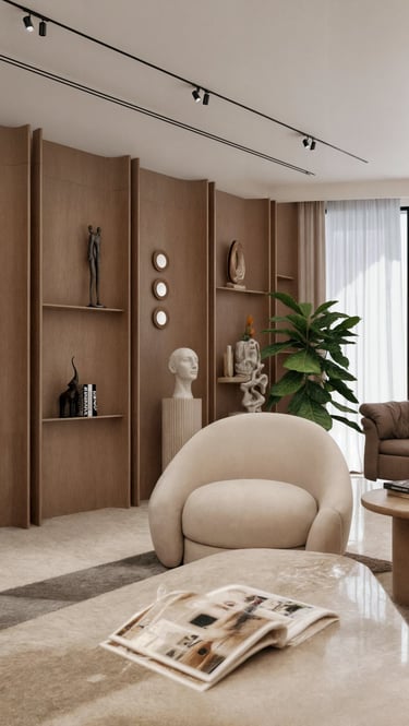 Contemporary Dubai apartment lounge with custom wood wall panels and designer armchair