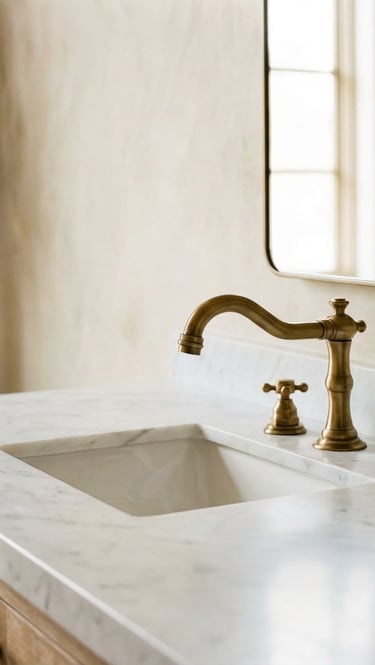 Vintage brass faucet on a white marble vanity with an undermount sink and oak cabinets.