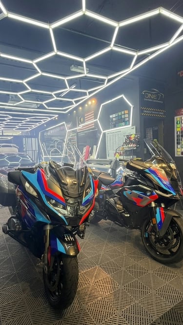 BMW touring motorcycles with matching blue red custom graphic wraps