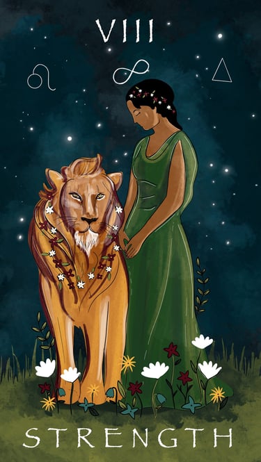 A custom illustration of the strength tarot card 