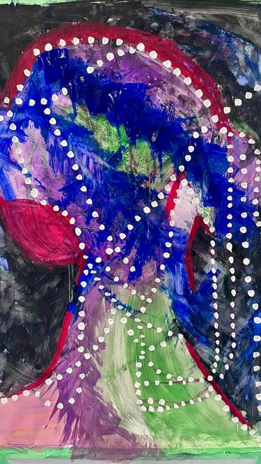 Mixed media artwork — sweeping blue arc and white dots adding structure to a layered composition