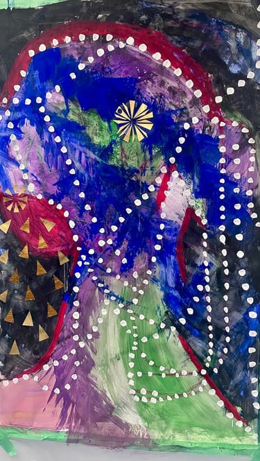 Completed mixed media artwork suggesting ancestry and cultural memory