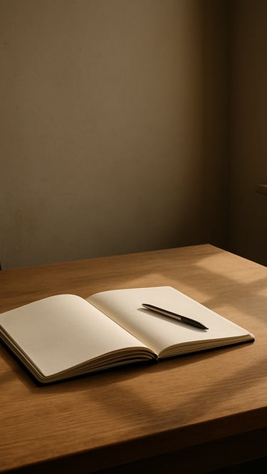 Wide environmental shot of a near-empty editorial workspace, a wooden desk with an open strategy notebook and a single pen, north-facing window light casting long shadows across paper grain, warm beige tones, no people