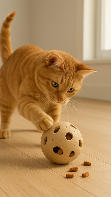 Indoor cat playing with a puzzle feeder.