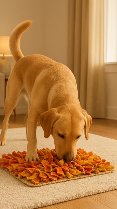 Dog using a snuffle mat for indoor enrichment.